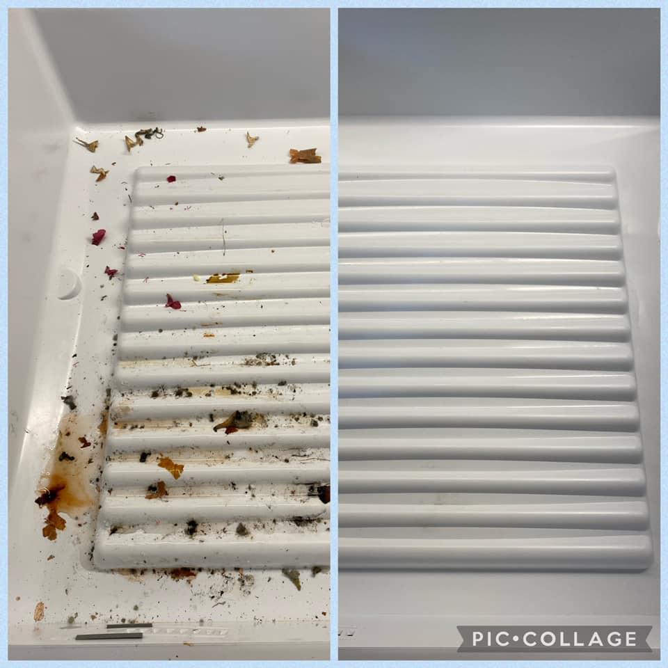 Before and after cleaning the fridge drawer.