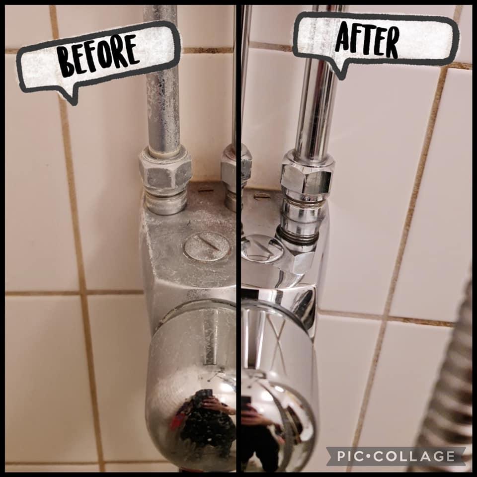Before and after cleaning the bathroom faucet.