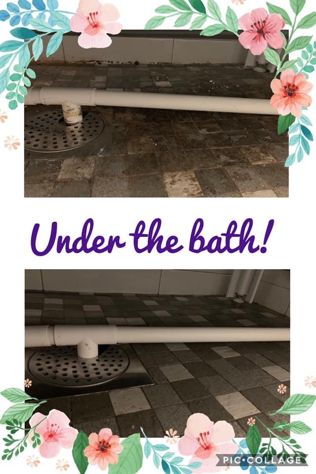 Before and after cleaning the floor under a bathtub.