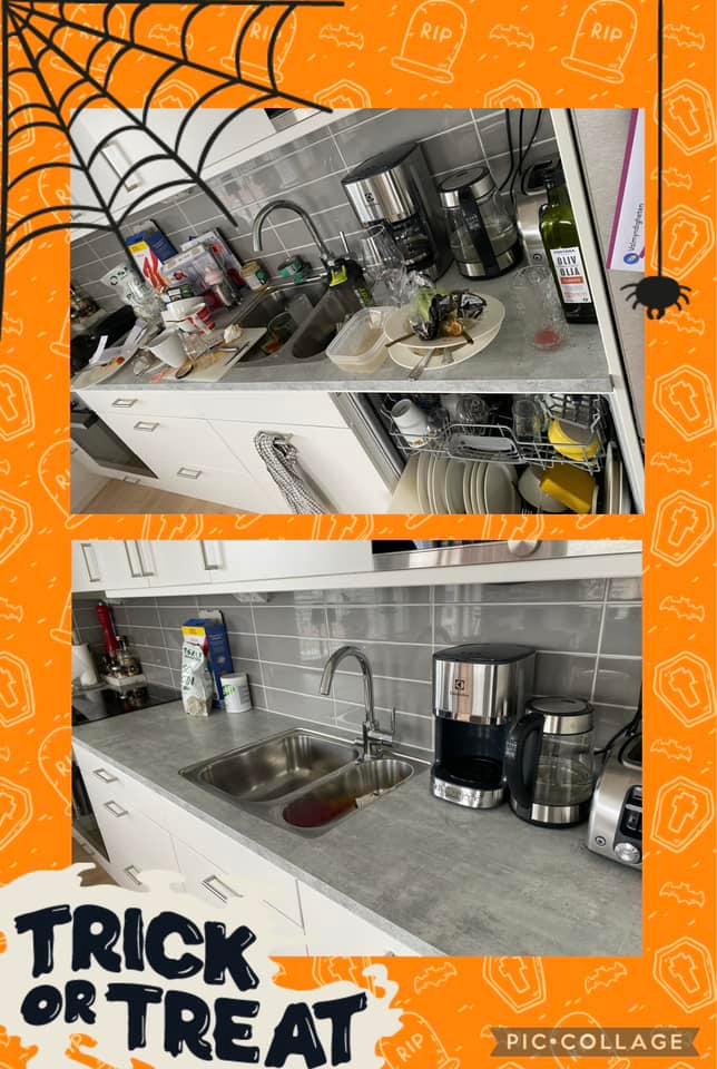 Before and after cleaning the messy kitchen countertop.
