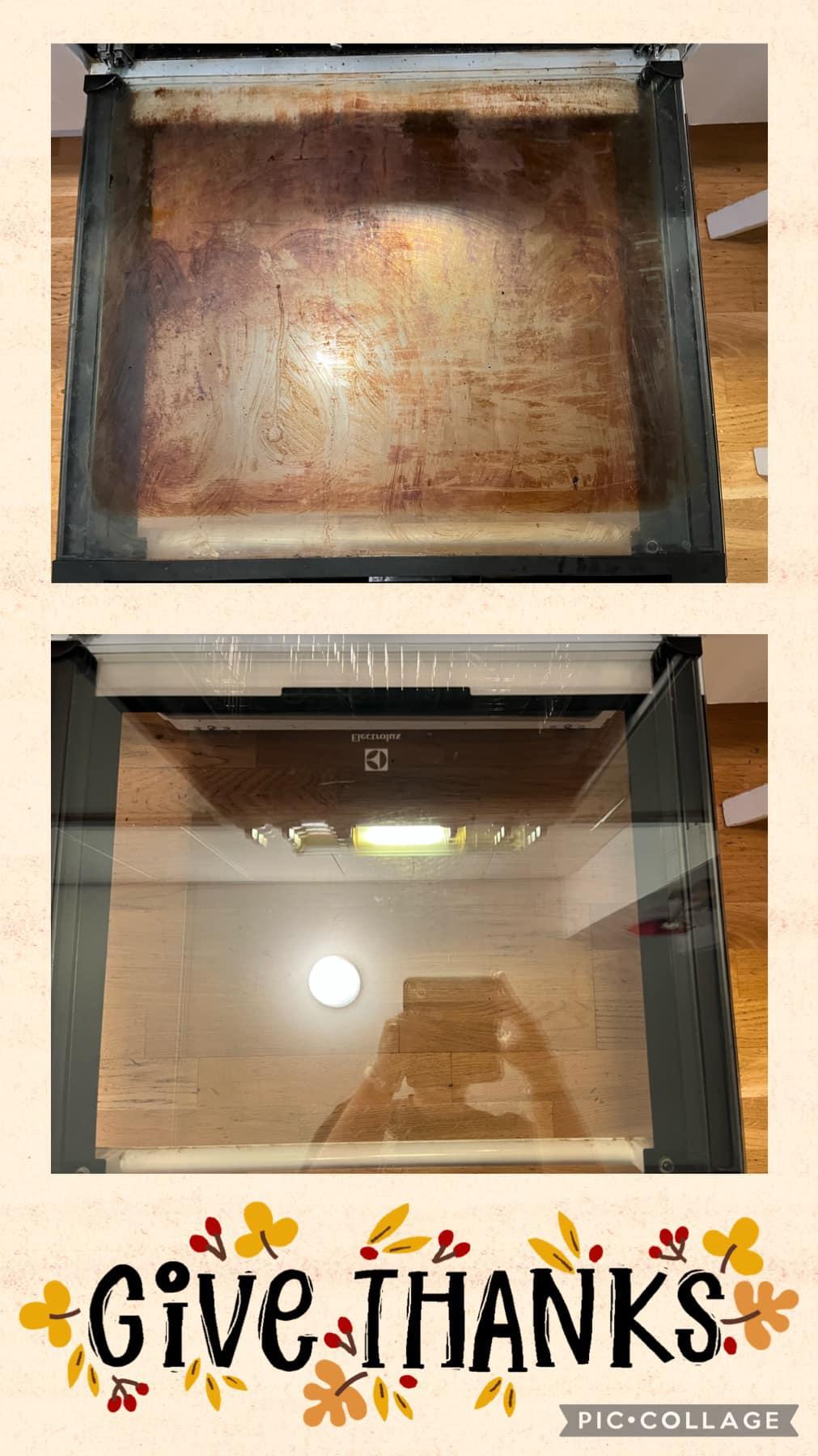 Before and after cleaning the oven glass.