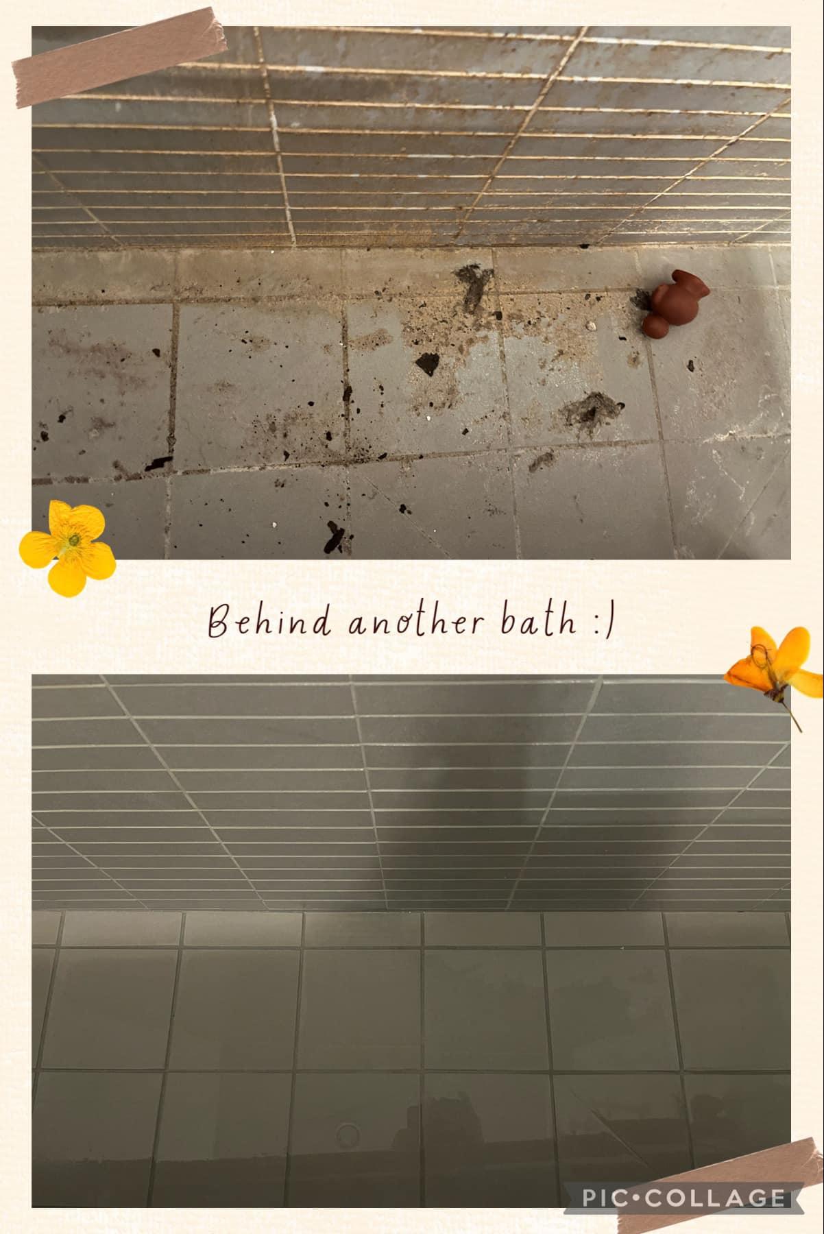 Before and after cleaning the floor and walls near the bathtub area.