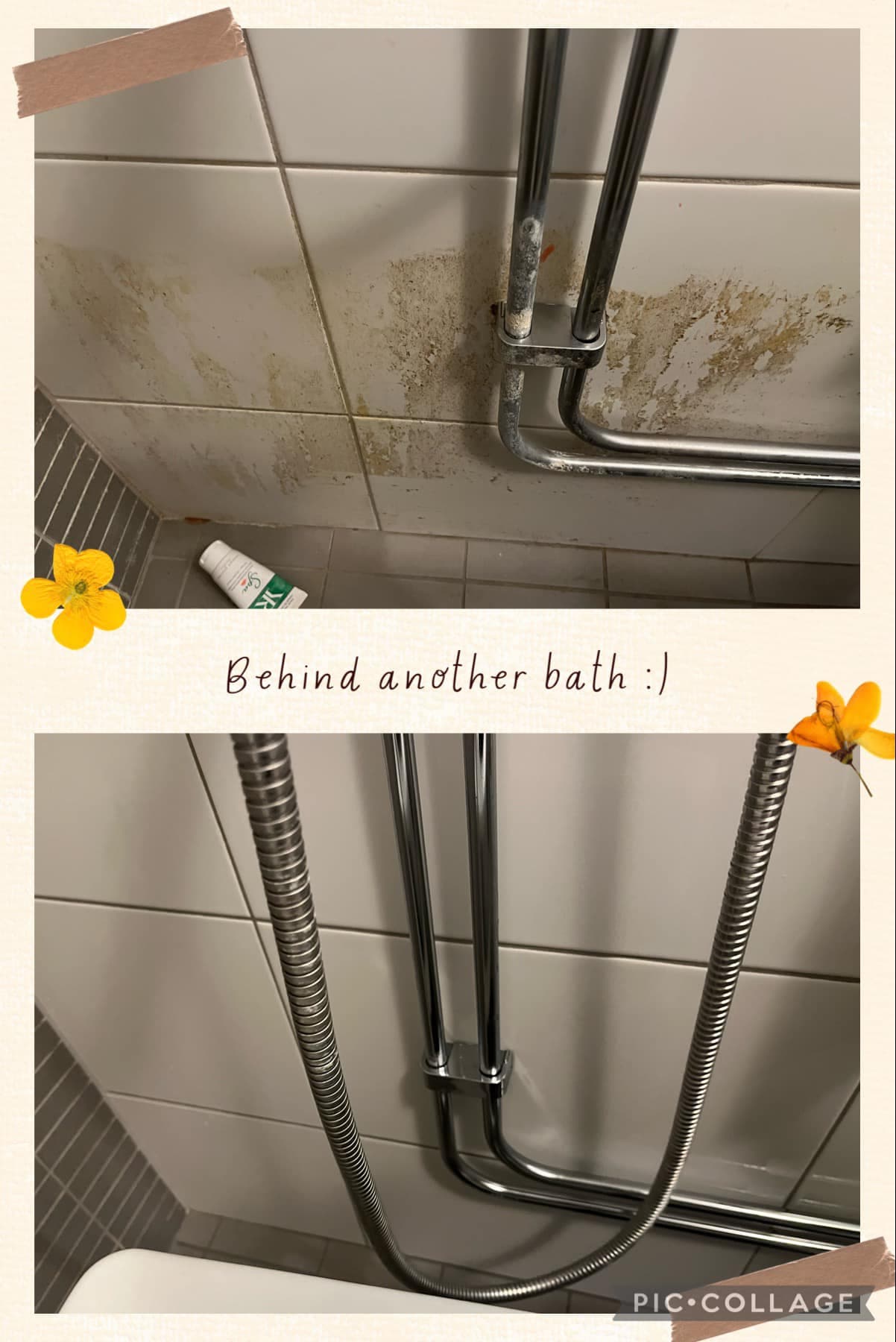 Before and after cleaning the walls behind the bathtub.