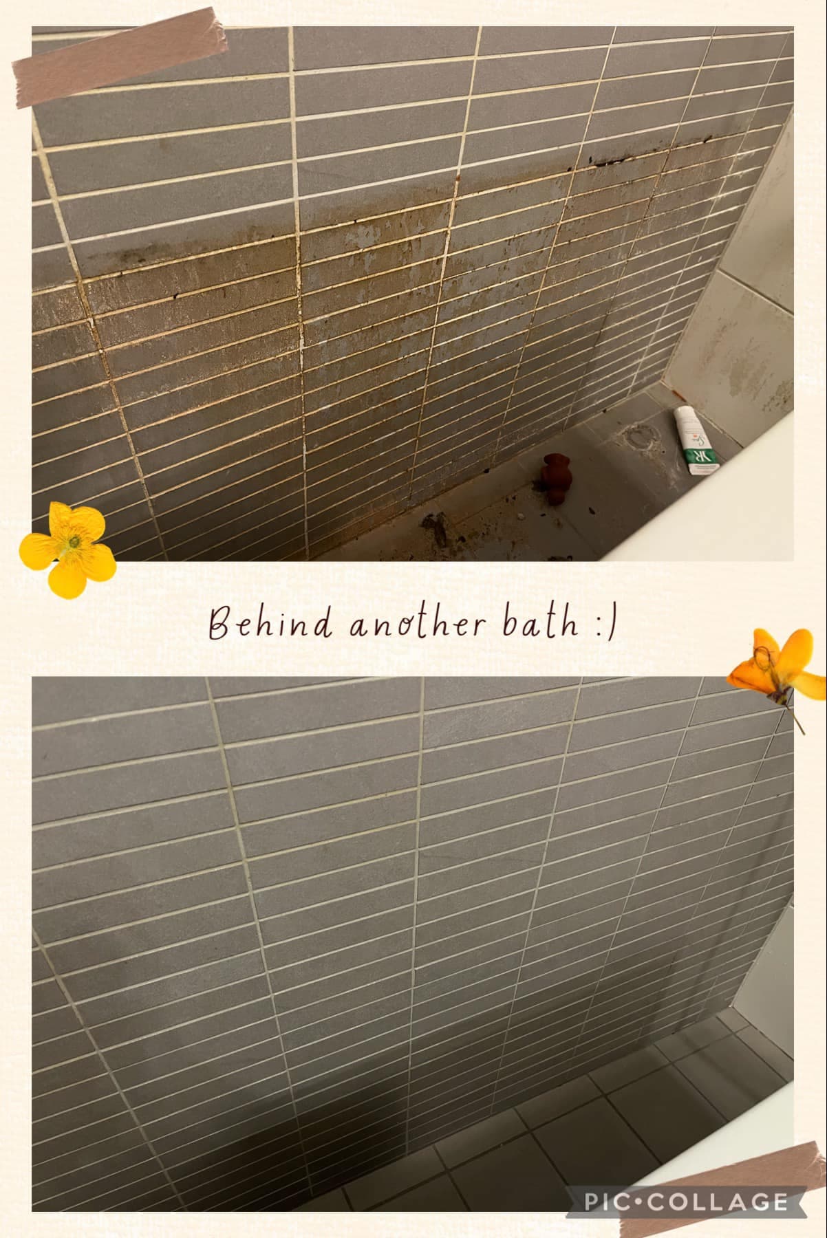 Before and after cleaning the walls behind the bathtub.