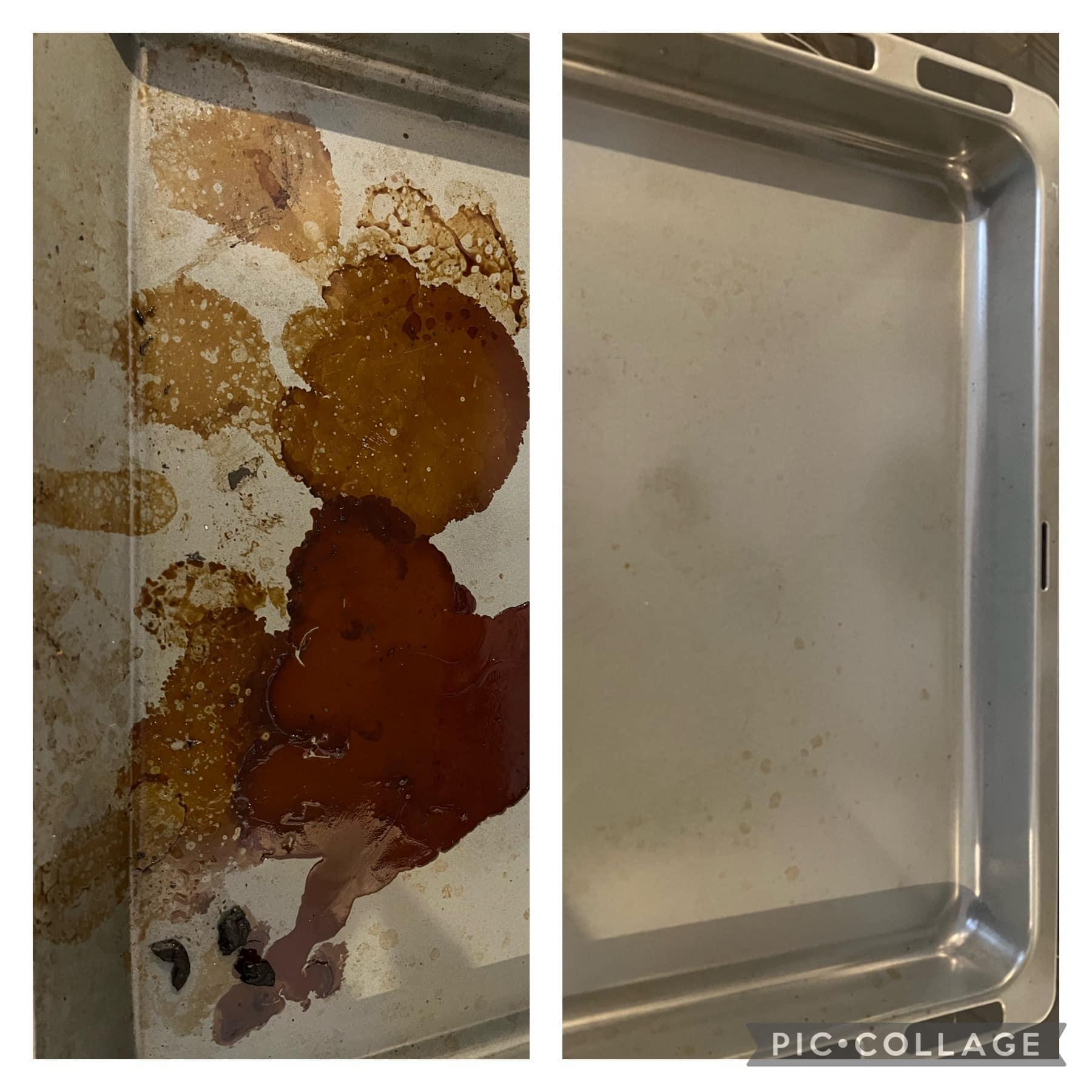 Before and after cleaning the baking tray.