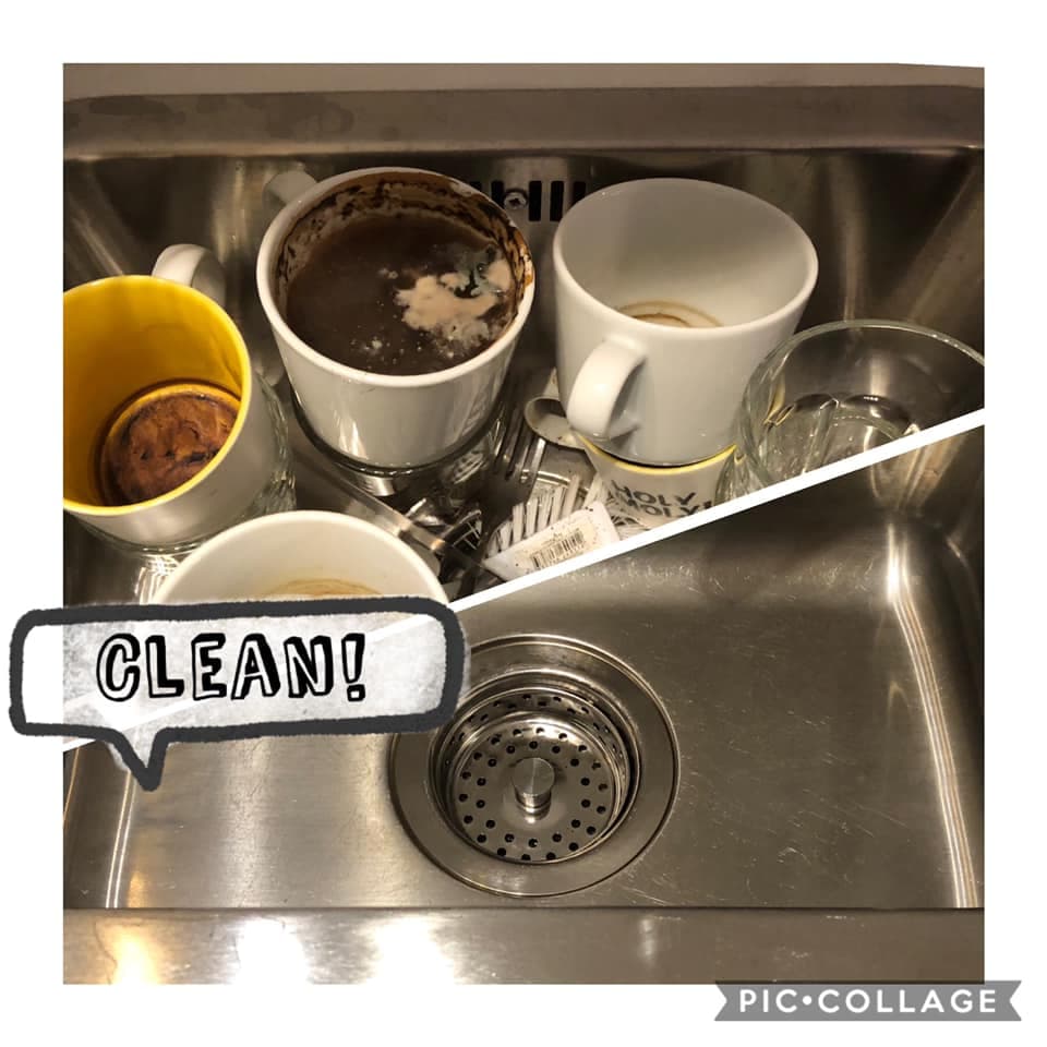 Before and after cleaning the sink full of dirty dishes.