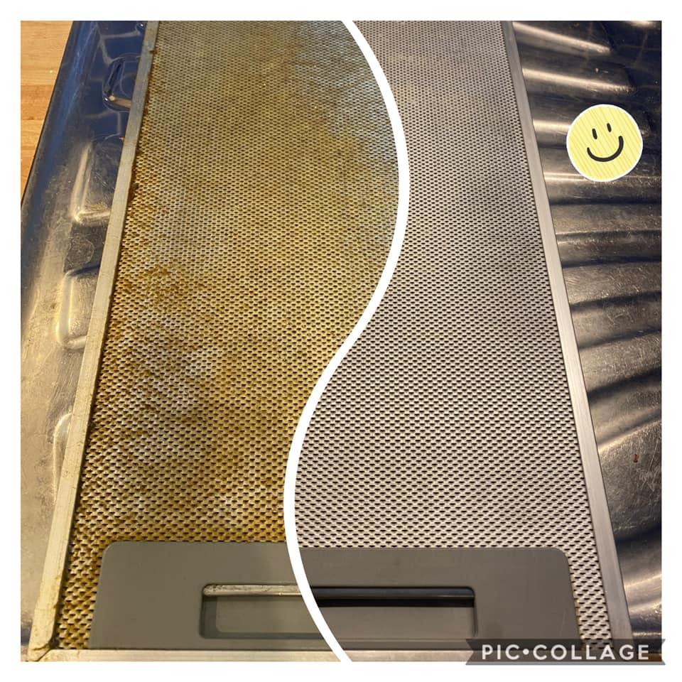 Before and after cleaning the greasy kitchen hood filter.