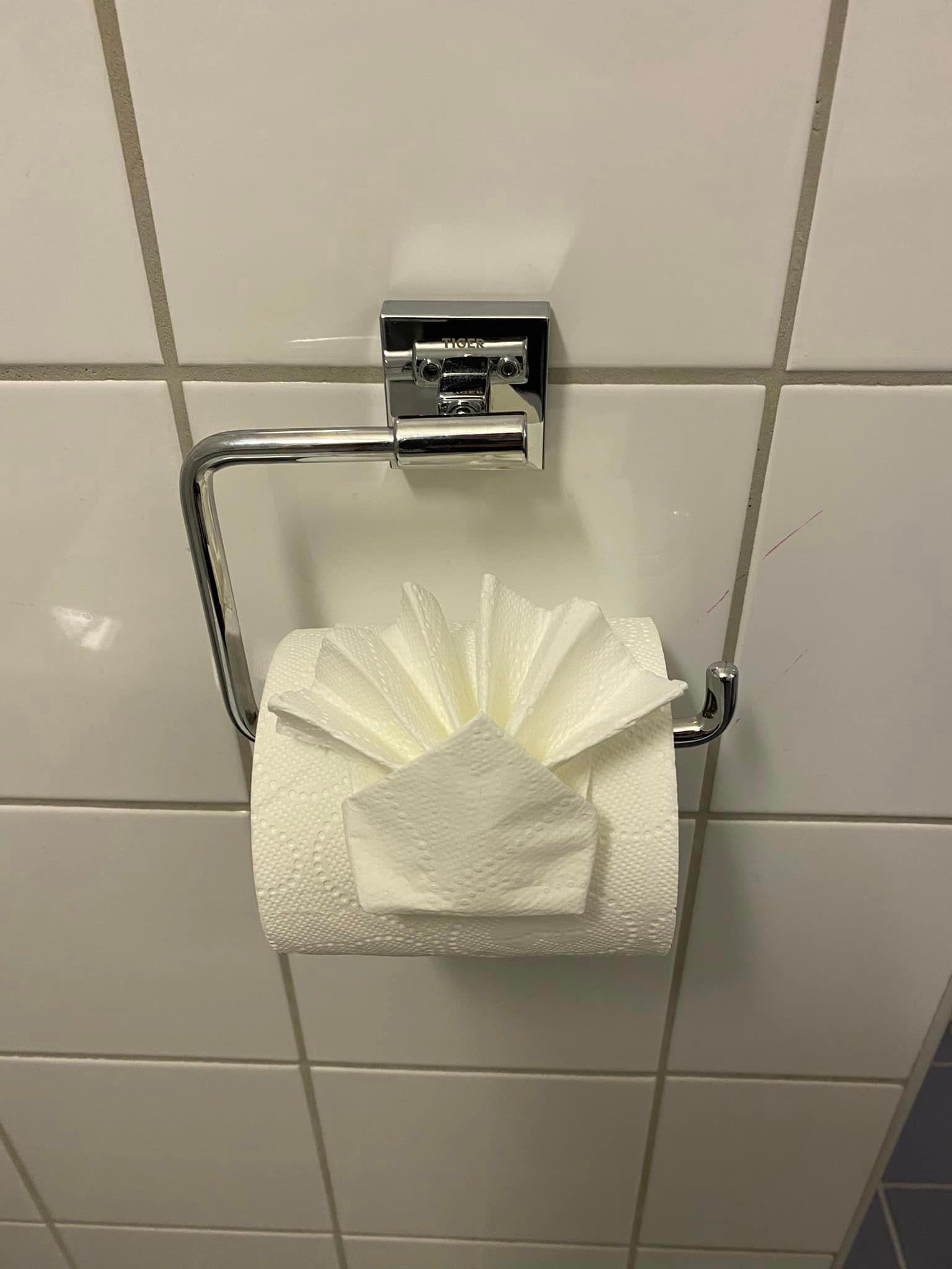 Nicely folded toilet paper.'